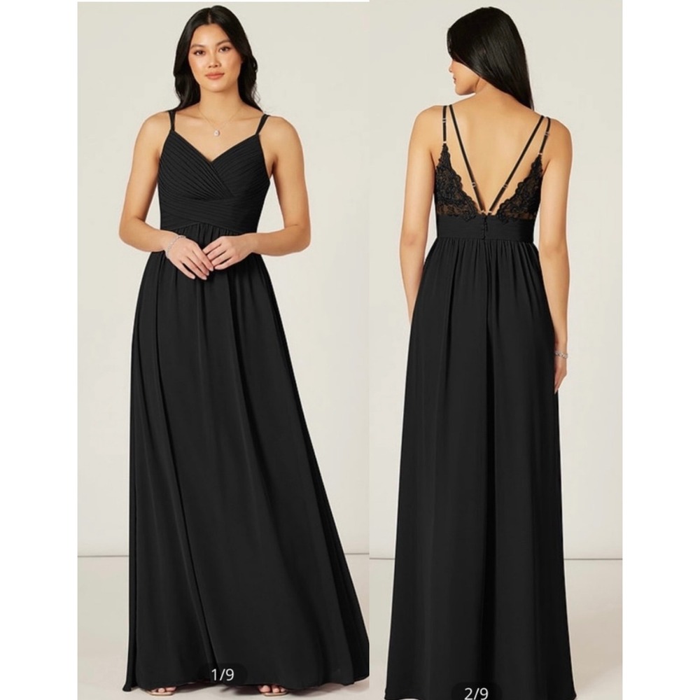 Azazie Blake Black Lace Back Chiffon Bridesmaid Formal Maxi Dress A8 156124